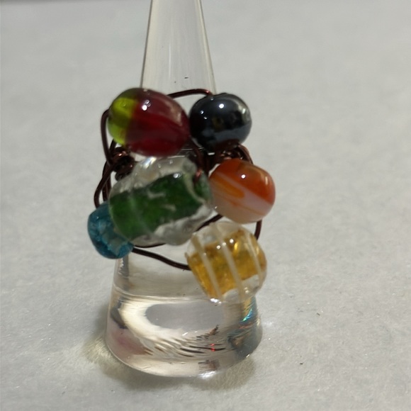 Handmade wire art multicolored glass beaded ring size 5 - Picture 2 of 4